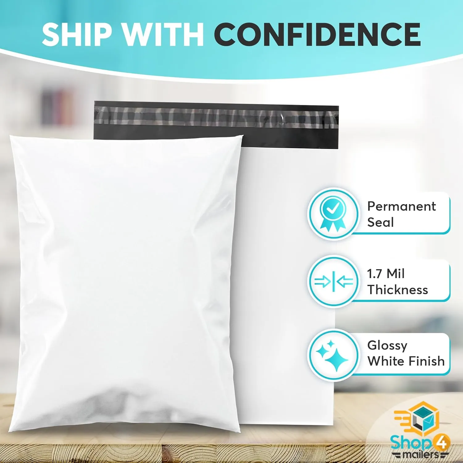 Shop4Mailers 10 x 13 Glossy White Plastic Self Seal Poly Mailer Flat Bags Waterproof Shipping Envelope 1.7 Mil for Apparel, Clothes, Shirts, Books – Permanent Adhesive Seal (100 Pack)