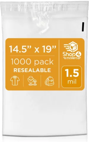 Shop4Mailers 14.5 x 19 Clear Plastic Poly Bags 1.5 Mil Self Seal Packaging for Apparel, Jewelry, Documents, Prints, Gifts, Storage – Resealable (1000 Pack)