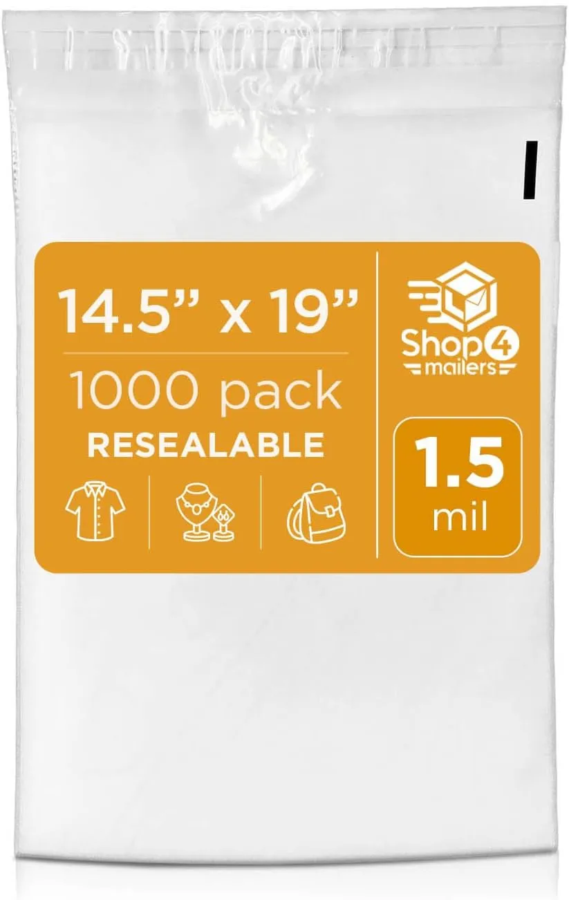 Shop4Mailers 14.5 x 19 Clear Plastic Poly Bags 1.5 Mil Self Seal Packaging for Apparel, Jewelry, Documents, Prints, Gifts, Storage – Resealable (1000 Pack)
