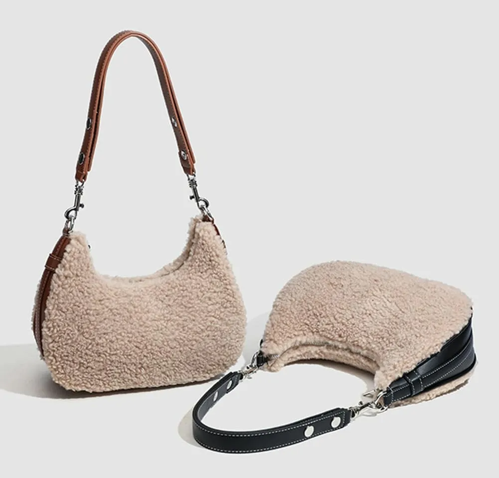 Shoulder Bags for Women Cute Plush Sherpa Clutch Purses Tote Handbags Purses Fuzzy Underarm Bag Faux Fur Crescent Bag