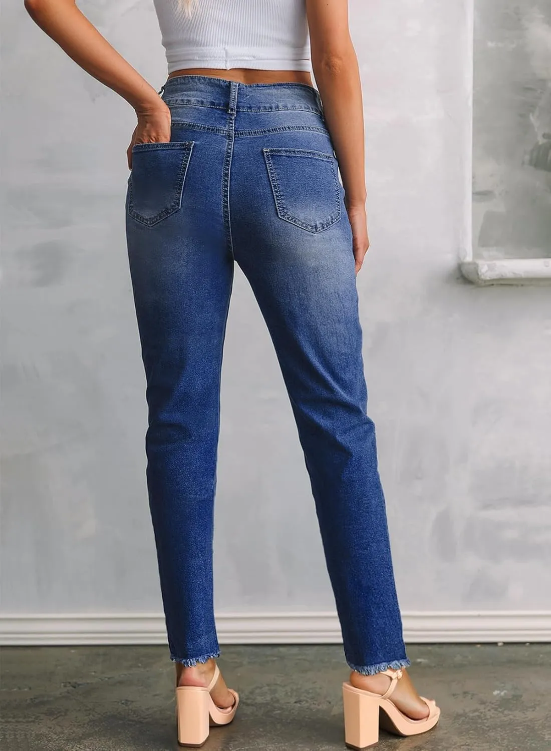 Sidefeel Women's High Waisted Jeans Strechy Spring Fashion Raw Hem Straight Leg Ankle Denim Pants with Pockets