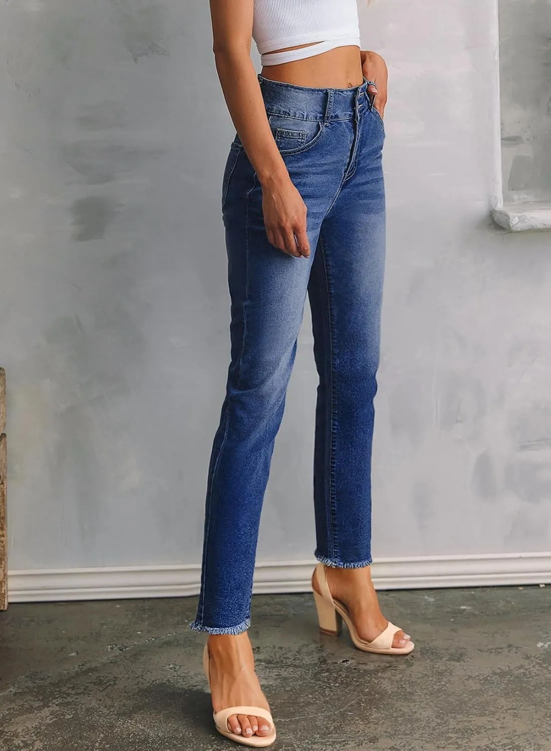 Sidefeel Women's High Waisted Jeans Strechy Spring Fashion Raw Hem Straight Leg Ankle Denim Pants with Pockets