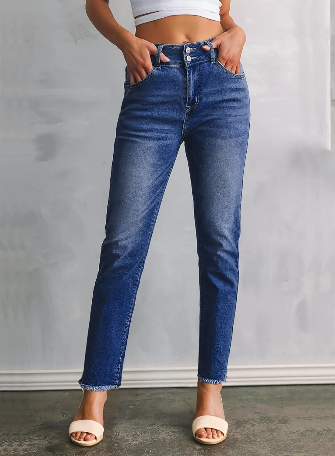 Sidefeel Women's High Waisted Jeans Strechy Spring Fashion Raw Hem Straight Leg Ankle Denim Pants with Pockets