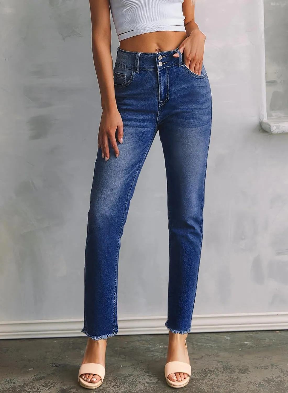 Sidefeel Women's High Waisted Jeans Strechy Spring Fashion Raw Hem Straight Leg Ankle Denim Pants with Pockets