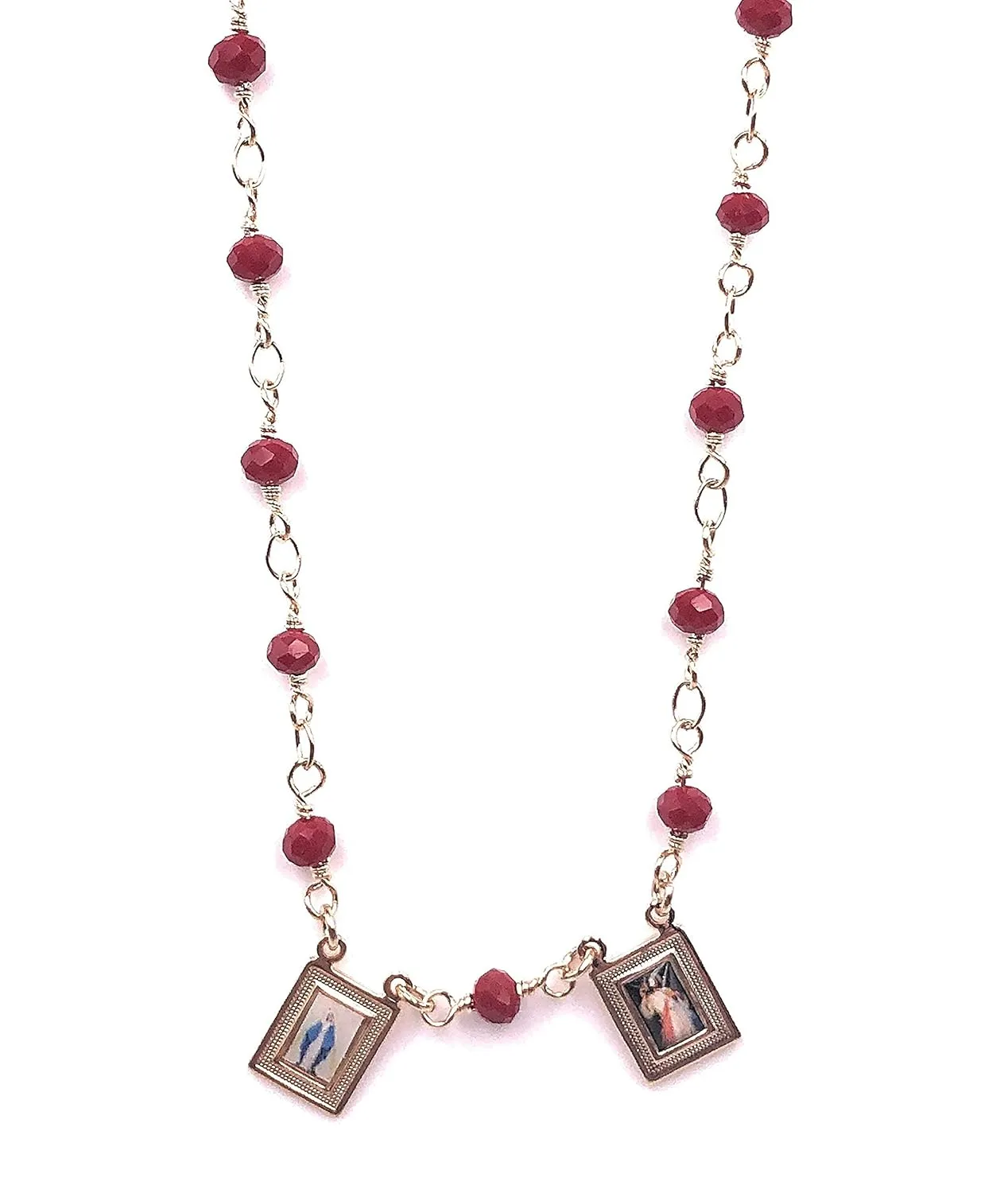 SIFRIMANIA Miraculous Virgin and Divine Mercy Scapular Necklace Red Crystal Handmade Chain (Burgundy)