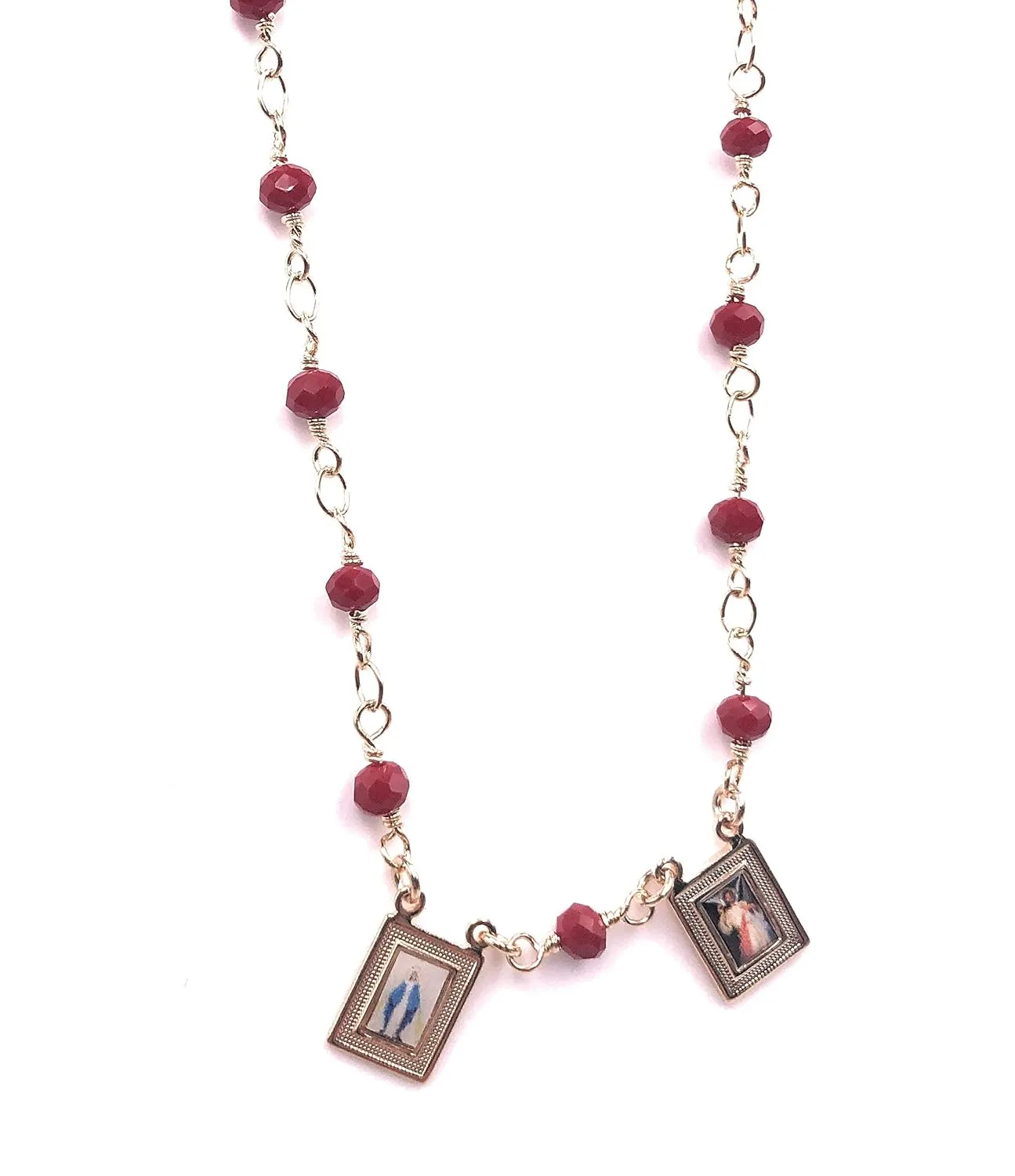 SIFRIMANIA Miraculous Virgin and Divine Mercy Scapular Necklace Red Crystal Handmade Chain (Burgundy)