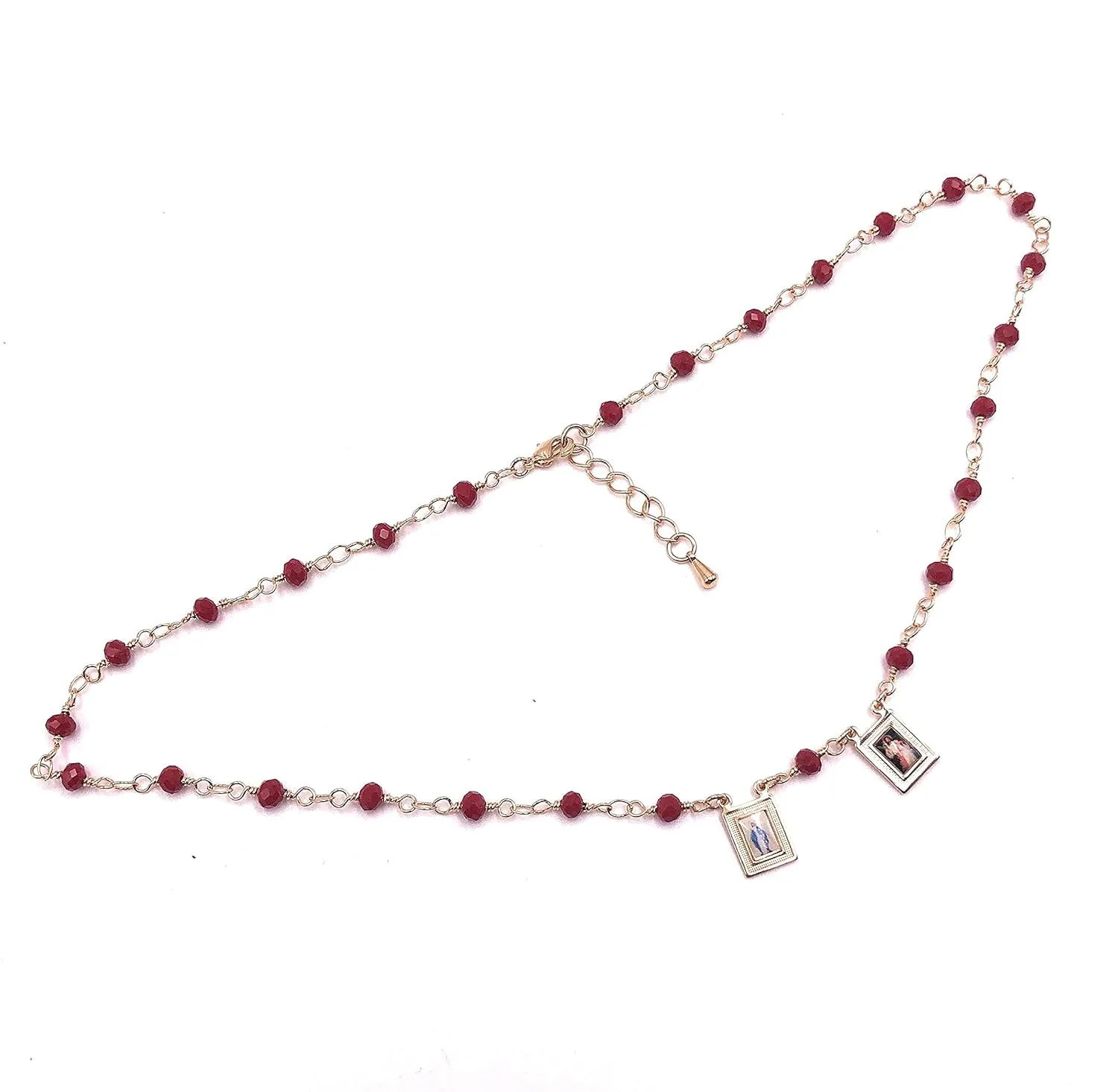 SIFRIMANIA Miraculous Virgin and Divine Mercy Scapular Necklace Red Crystal Handmade Chain (Burgundy)