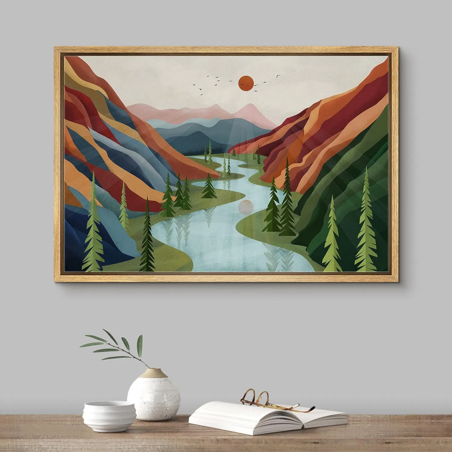 SIGNFORD Framed Canvas Print Wall Art Mountain Ranges River with Red Sun Abstract Wilderness Illustrations Decorative Bohemian Rustic Mid-Century Modern Desert Landscape for Bedroom - 24"x36" Natural