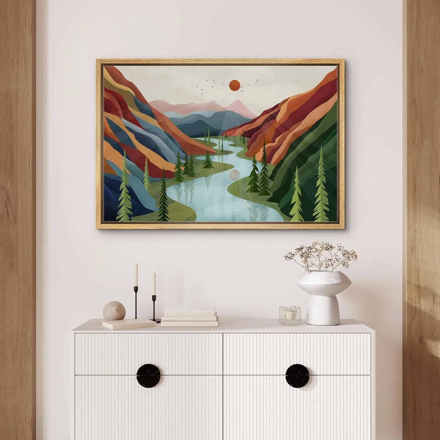 SIGNFORD Framed Canvas Print Wall Art Mountain Ranges River with Red Sun Abstract Wilderness Illustrations Decorative Bohemian Rustic Mid-Century Modern Desert Landscape for Bedroom - 24"x36" Natural