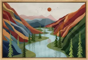 SIGNFORD Framed Canvas Print Wall Art Mountain Ranges River with Red Sun Abstract Wilderness Illustrations Decorative Bohemian Rustic Mid-Century Modern Desert Landscape for Bedroom - 24"x36" Natural
