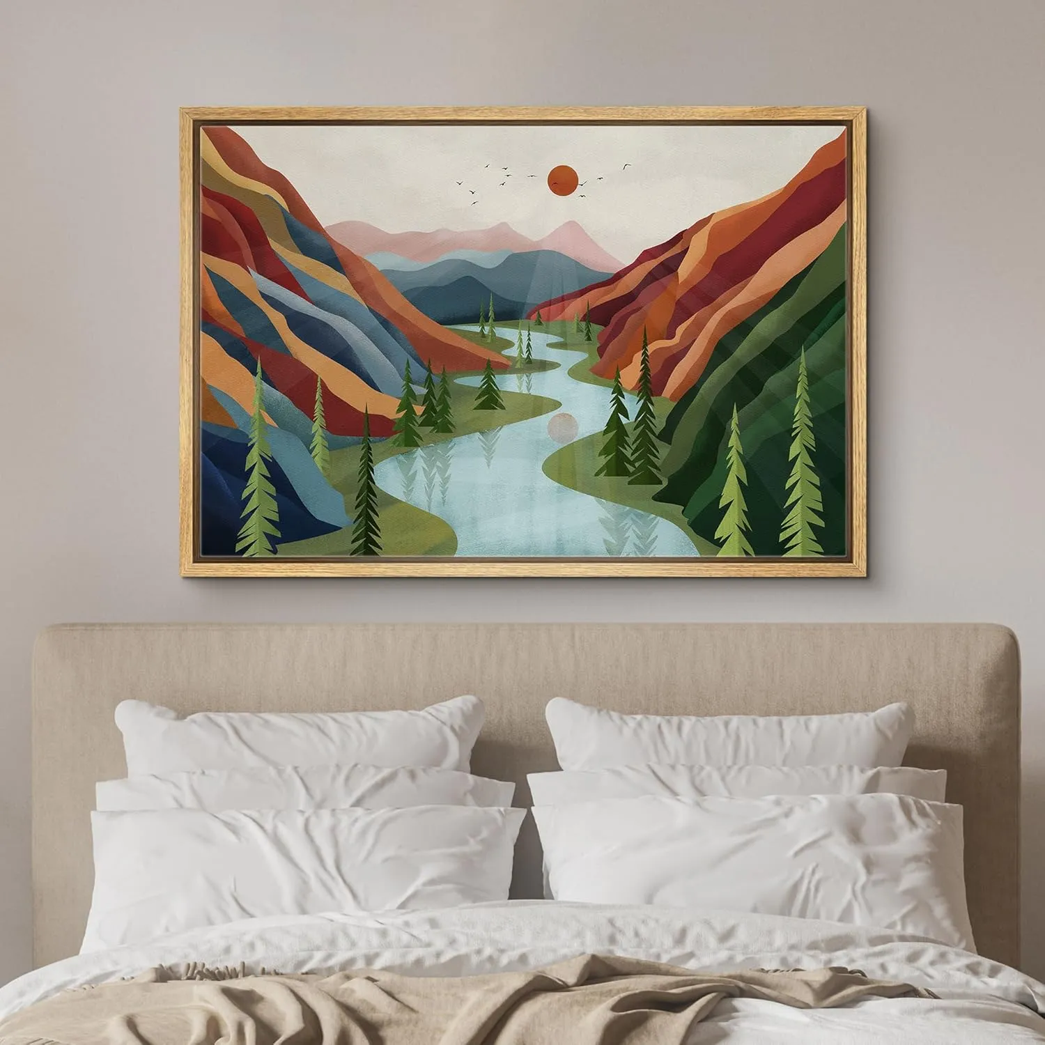 SIGNFORD Framed Canvas Print Wall Art Mountain Ranges River with Red Sun Abstract Wilderness Illustrations Decorative Bohemian Rustic Mid-Century Modern Desert Landscape for Bedroom - 24"x36" Natural