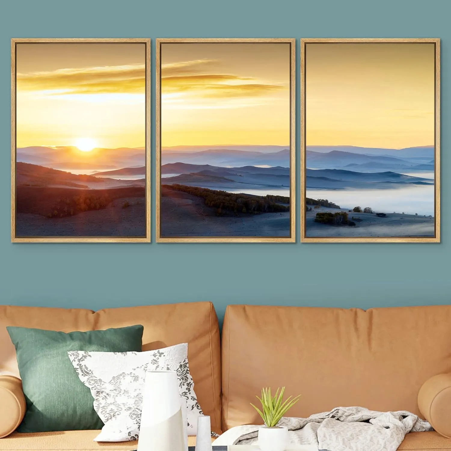 SIGNWIN Framed Canvas Print Wall Art Set Sunset Mountain Range Skyline Horizon Nature Wilderness Photography Realism Decorative Scenic Rustic Chic for Living Room, Bedroom, Office - 24"x36"x3 Natural