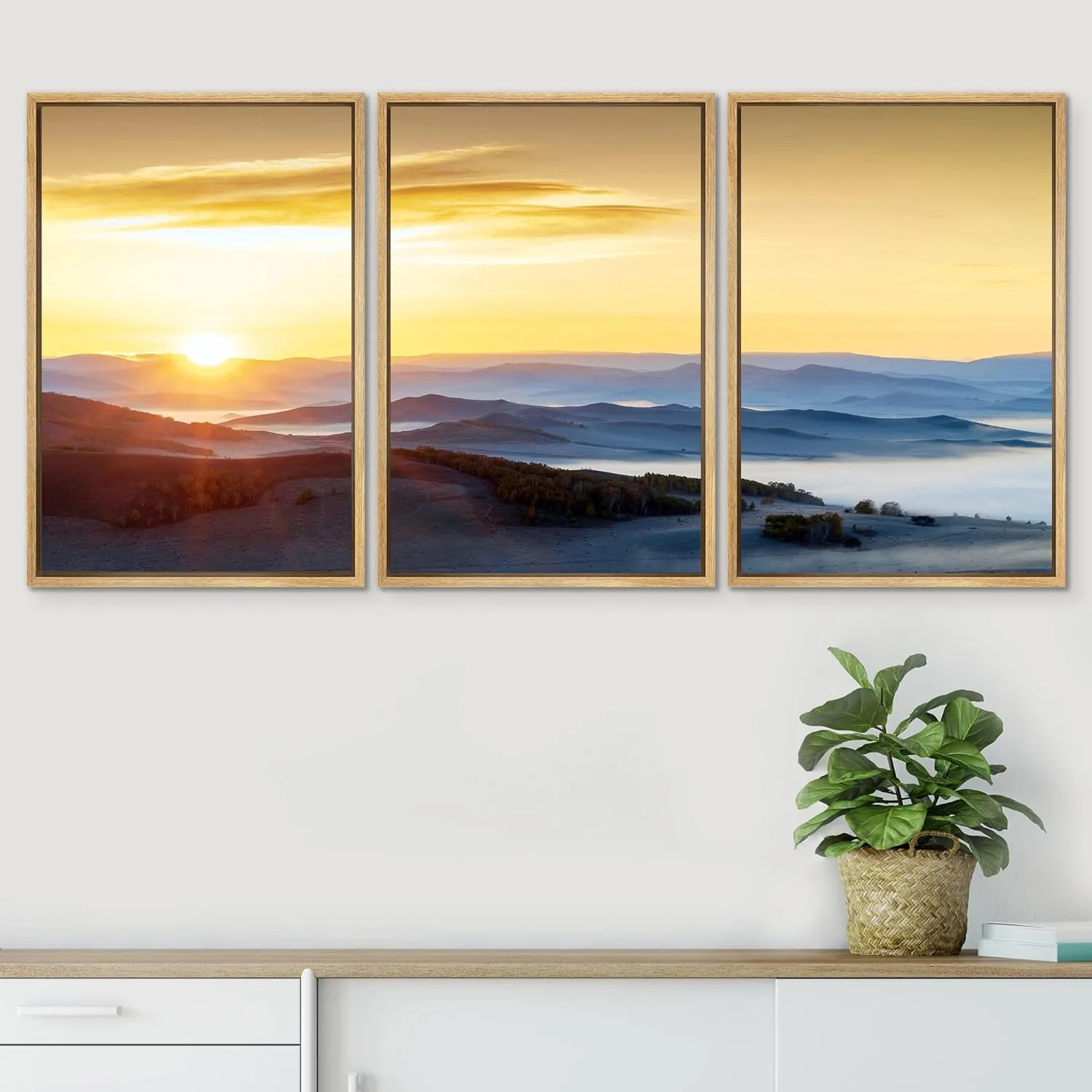 SIGNWIN Framed Canvas Print Wall Art Set Sunset Mountain Range Skyline Horizon Nature Wilderness Photography Realism Decorative Scenic Rustic Chic for Living Room, Bedroom, Office - 24"x36"x3 Natural