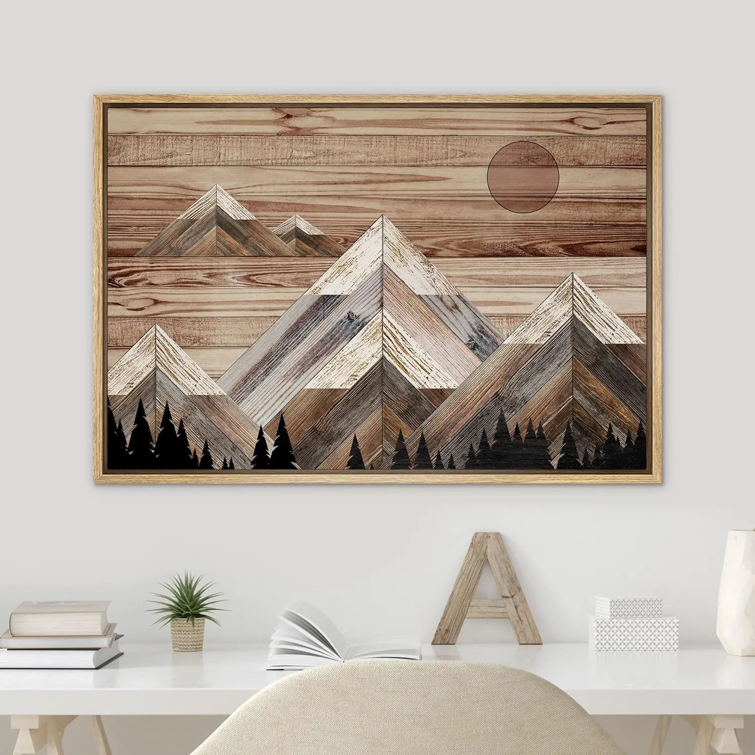 SIGNWIN Framed Canvas Print Wall Art Western Decor Sunlight Snowy Mountain Range Sky Nature Wilderness Modern Art Nordic Rustic Wood Panel for Living Room, Bedroom, Office - 16"x24" Natural