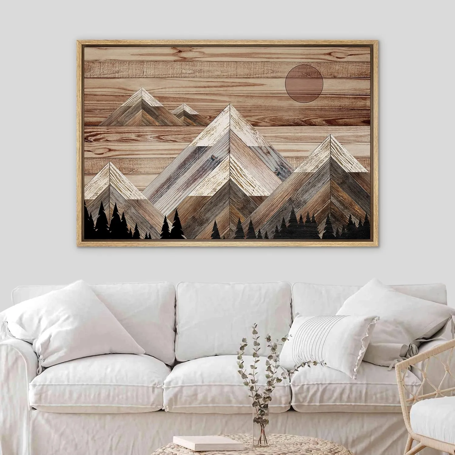 SIGNWIN Framed Canvas Print Wall Art Western Decor Sunlight Snowy Mountain Range Sky Nature Wilderness Modern Art Nordic Rustic Wood Panel for Living Room, Bedroom, Office - 16"x24" Natural