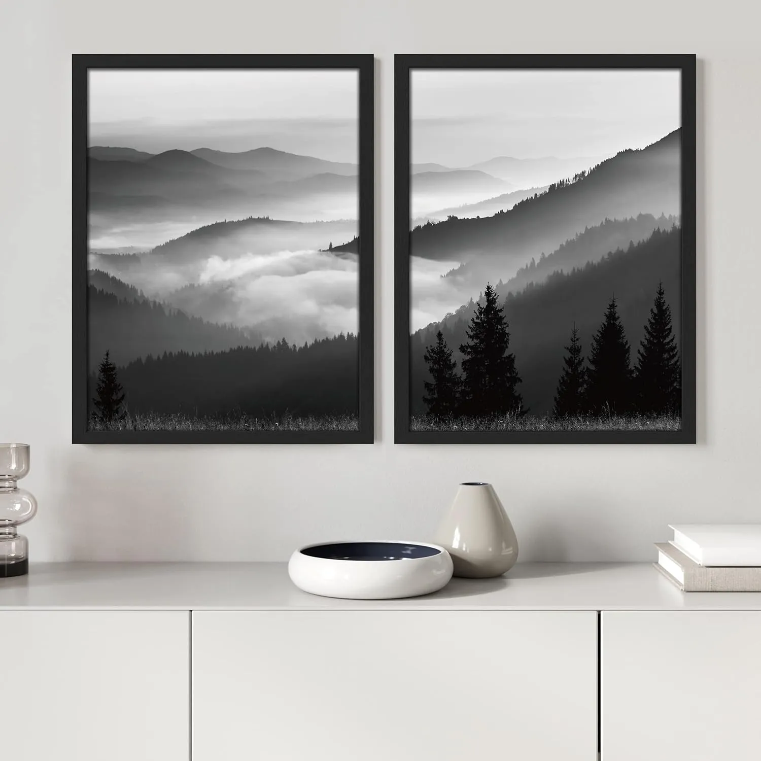SIGNWIN Framed Mountain Range Duotone Wall Art, Set of 2 Black & White Rustic Wall Decor Prints, Nature Wilderness Wall Décor for Living Room, Bedroom - 11"x14" Black