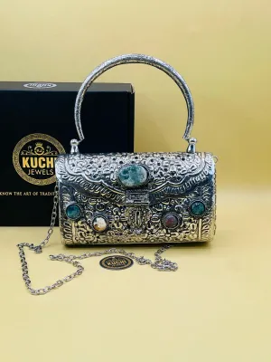 Silver Metal And Multi Stone Hand Bag