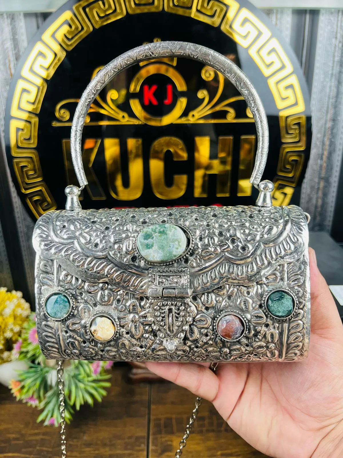 Silver Metal And Multi Stone Hand Bag