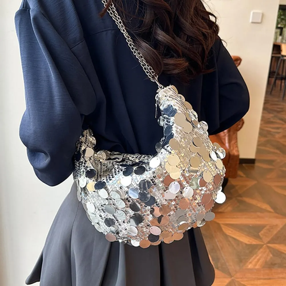 Sither Women's Evening Handbag Large Sequin Evening Bag Purses for Women Glitter Sparkly Handbag with Link Chain for Party