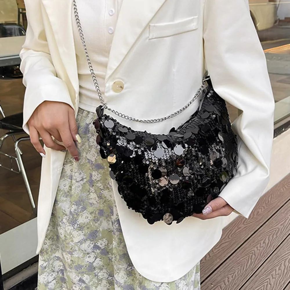 Sither Women's Evening Handbag Large Sequin Evening Bag Purses for Women Glitter Sparkly Handbag with Link Chain for Party
