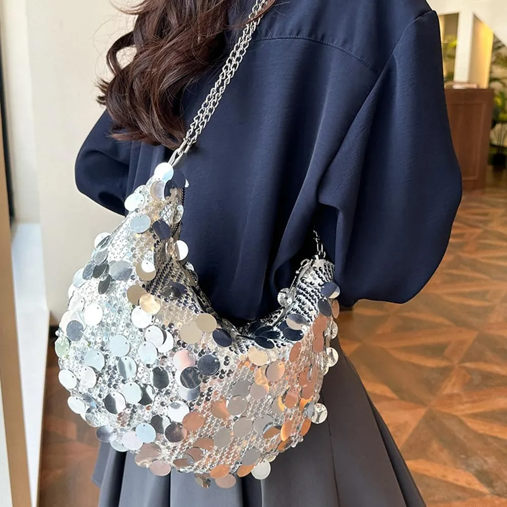 Sither Women's Evening Handbag Large Sequin Evening Bag Purses for Women Glitter Sparkly Handbag with Link Chain for Party