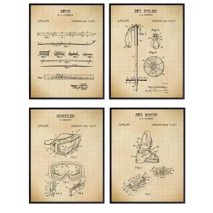 Skiing Patent Prints - Vintage Ski Wall Art Poster Set - Chic Rustic Home Decor for Kids, Boys, Girls or Teens Room, Rec or Family Room, Man Cave, Living Room - Gift for Skiers - 8x10 Unframed Photos