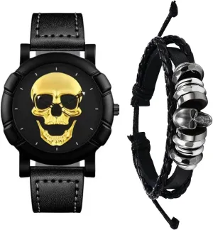 Skull Leather Watch Bracelet: Mens Gold Steampunk Goth Women Gothic Punk Rock Cuff Wrist Watch