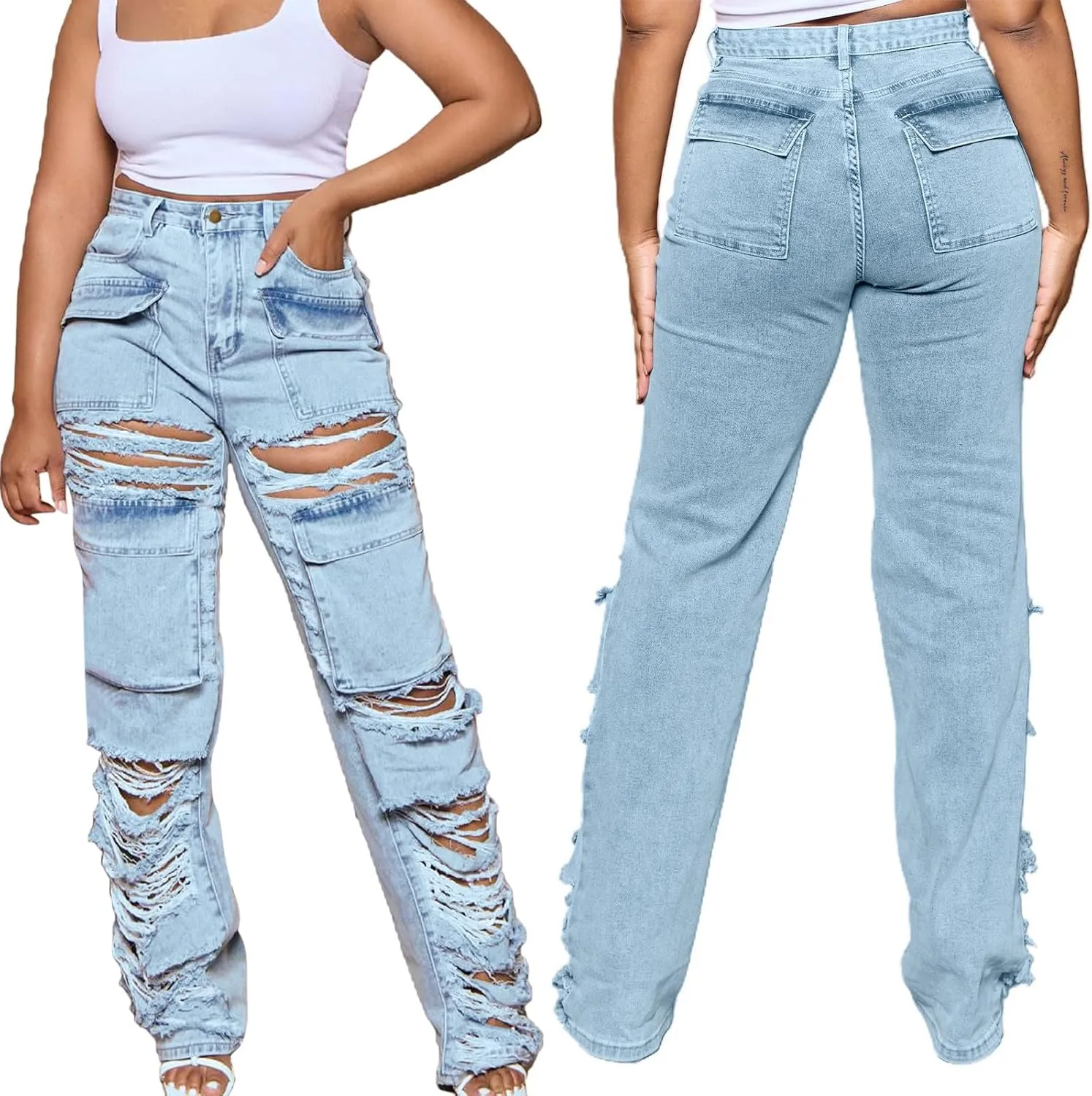 SMIDOW Women's Floor Length Raw Hem Ripped Jeans High Waisted Distressed Jeans Curvy Slim Fit Flare Bell Bottom Jeans