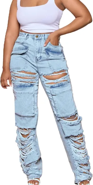 SMIDOW Women's Floor Length Raw Hem Ripped Jeans High Waisted Distressed Jeans Curvy Slim Fit Flare Bell Bottom Jeans