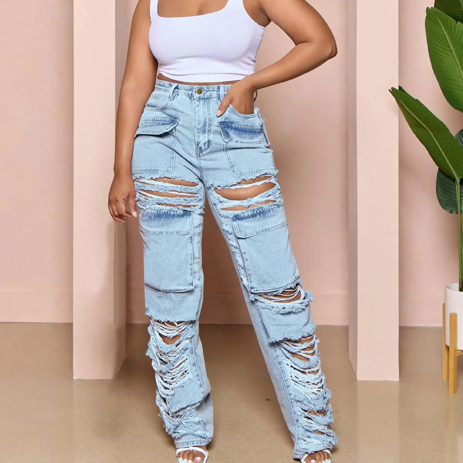 SMIDOW Women's Floor Length Raw Hem Ripped Jeans High Waisted Distressed Jeans Curvy Slim Fit Flare Bell Bottom Jeans