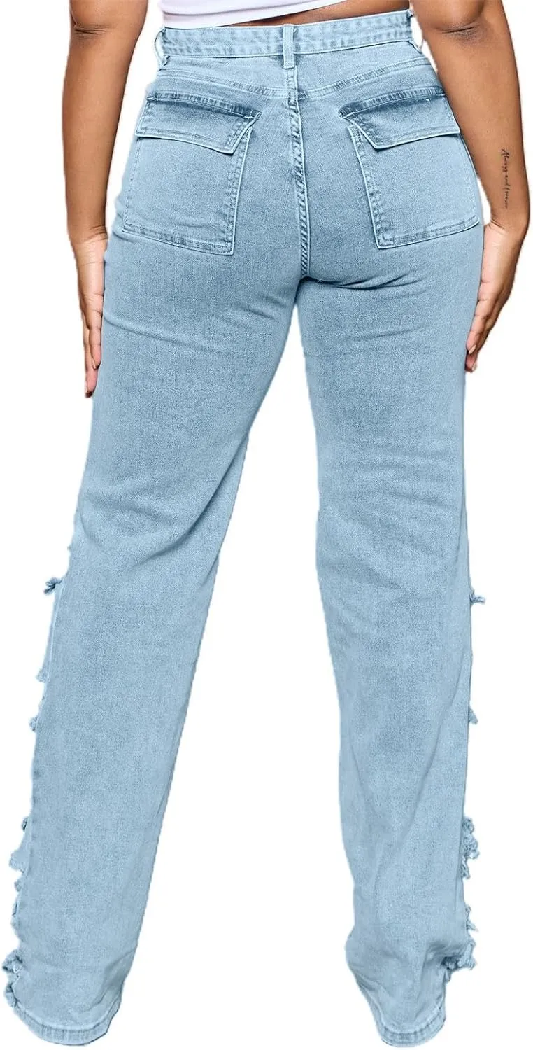 SMIDOW Women's Floor Length Raw Hem Ripped Jeans High Waisted Distressed Jeans Curvy Slim Fit Flare Bell Bottom Jeans