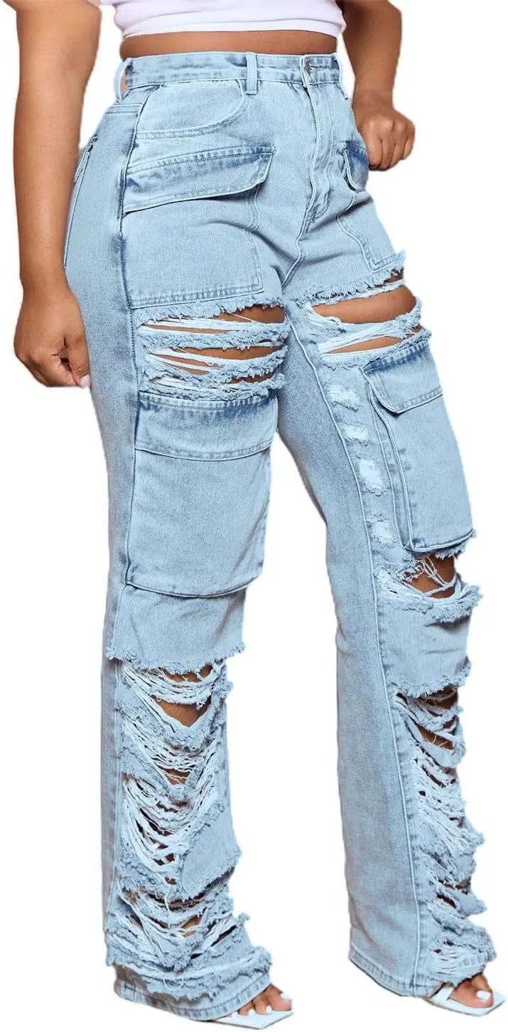 SMIDOW Women's Floor Length Raw Hem Ripped Jeans High Waisted Distressed Jeans Curvy Slim Fit Flare Bell Bottom Jeans