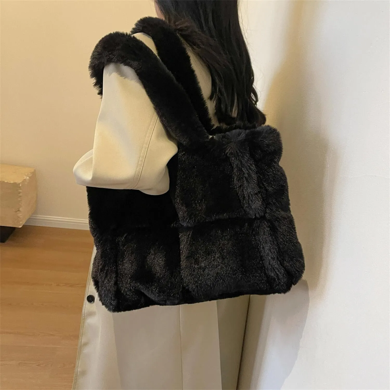 Soft Faux Fur Large Shoulder Tote Bag for Women Plush Handbag and Purse Furry Top Handle Bag