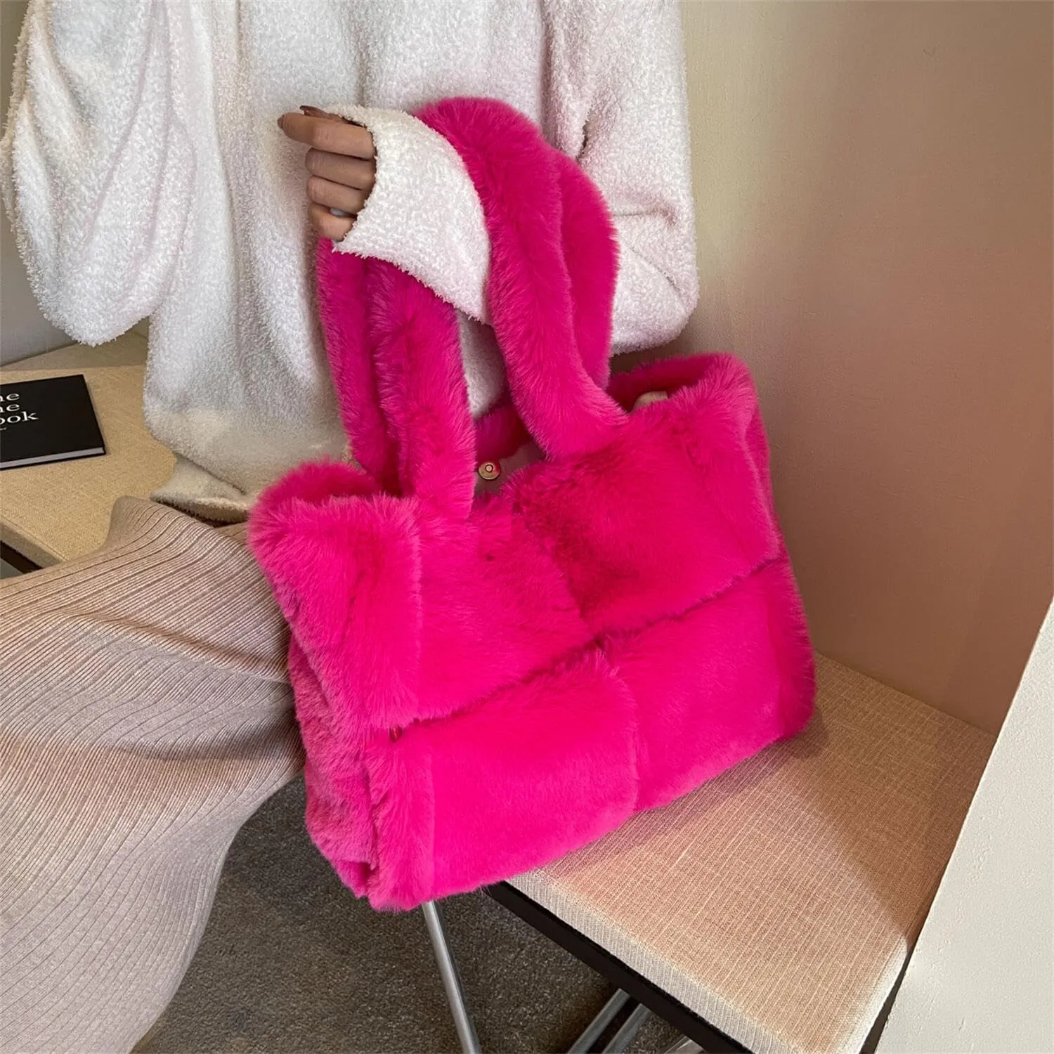 Soft Faux Fur Large Shoulder Tote Bag for Women Plush Handbag and Purse Furry Top Handle Bag