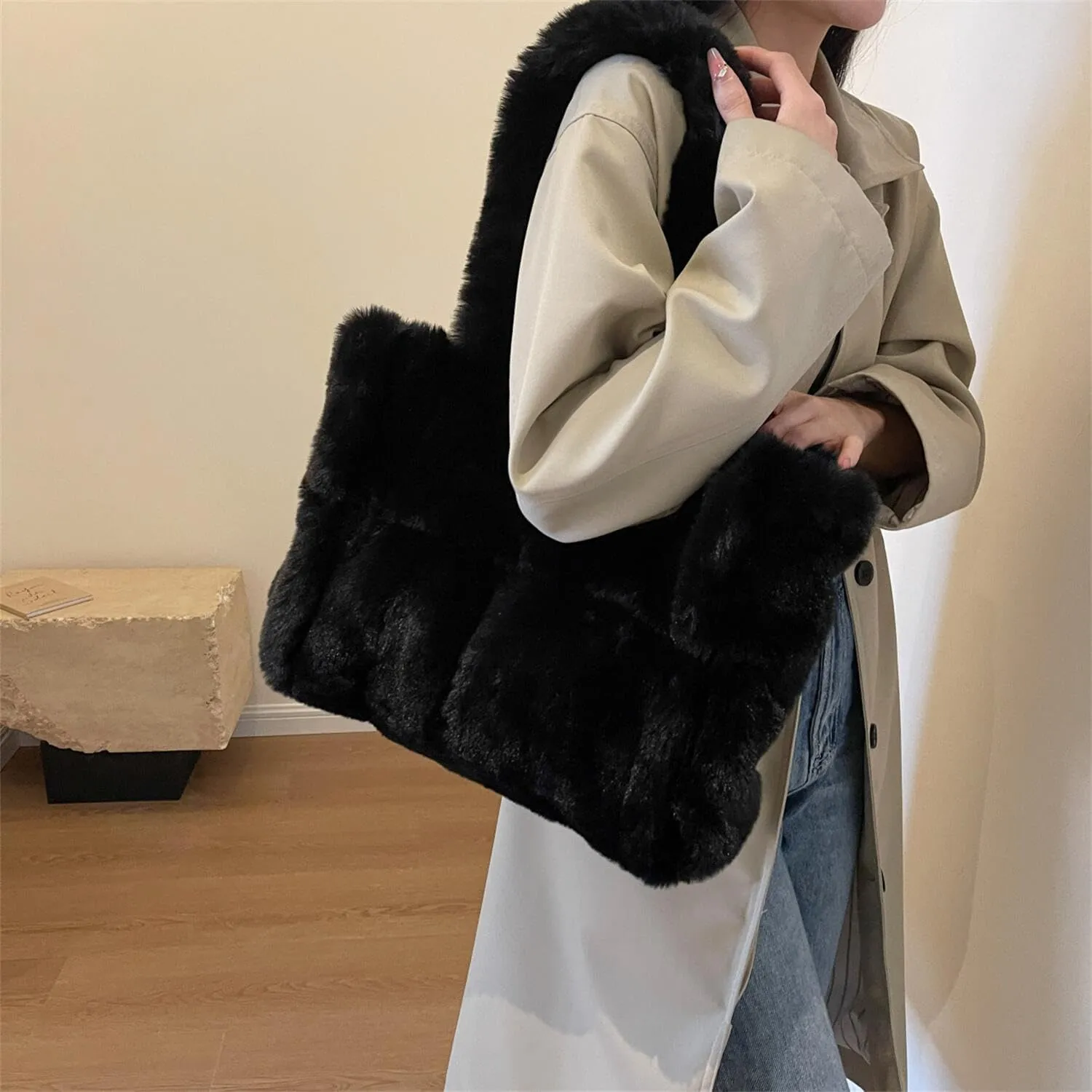 Soft Faux Fur Large Shoulder Tote Bag for Women Plush Handbag and Purse Furry Top Handle Bag