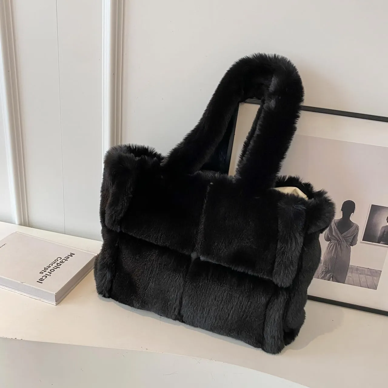 Soft Faux Fur Large Shoulder Tote Bag for Women Plush Handbag and Purse Furry Top Handle Bag