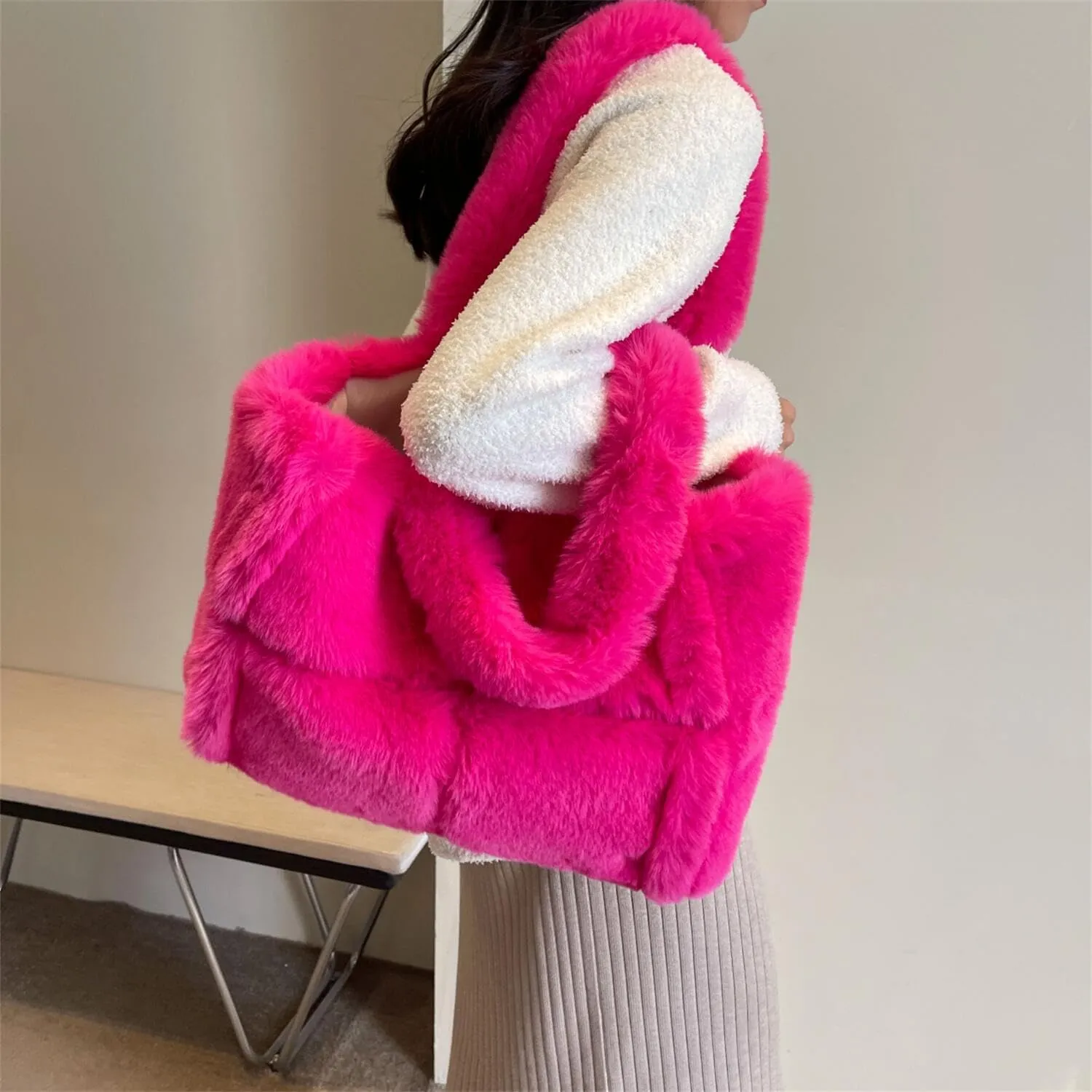 Soft Faux Fur Large Shoulder Tote Bag for Women Plush Handbag and Purse Furry Top Handle Bag