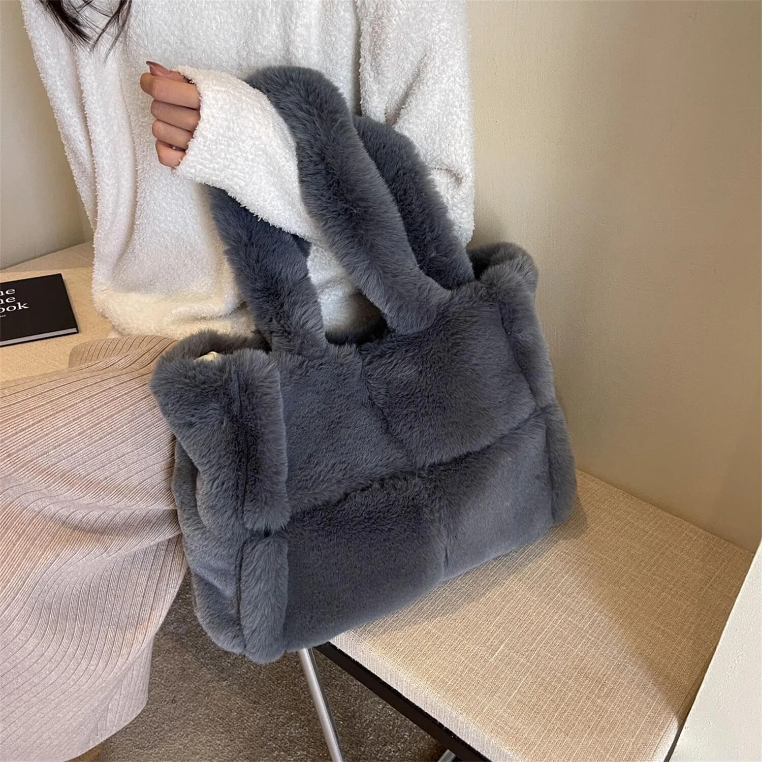 Soft Faux Fur Large Shoulder Tote Bag for Women Plush Handbag and Purse Furry Top Handle Bag