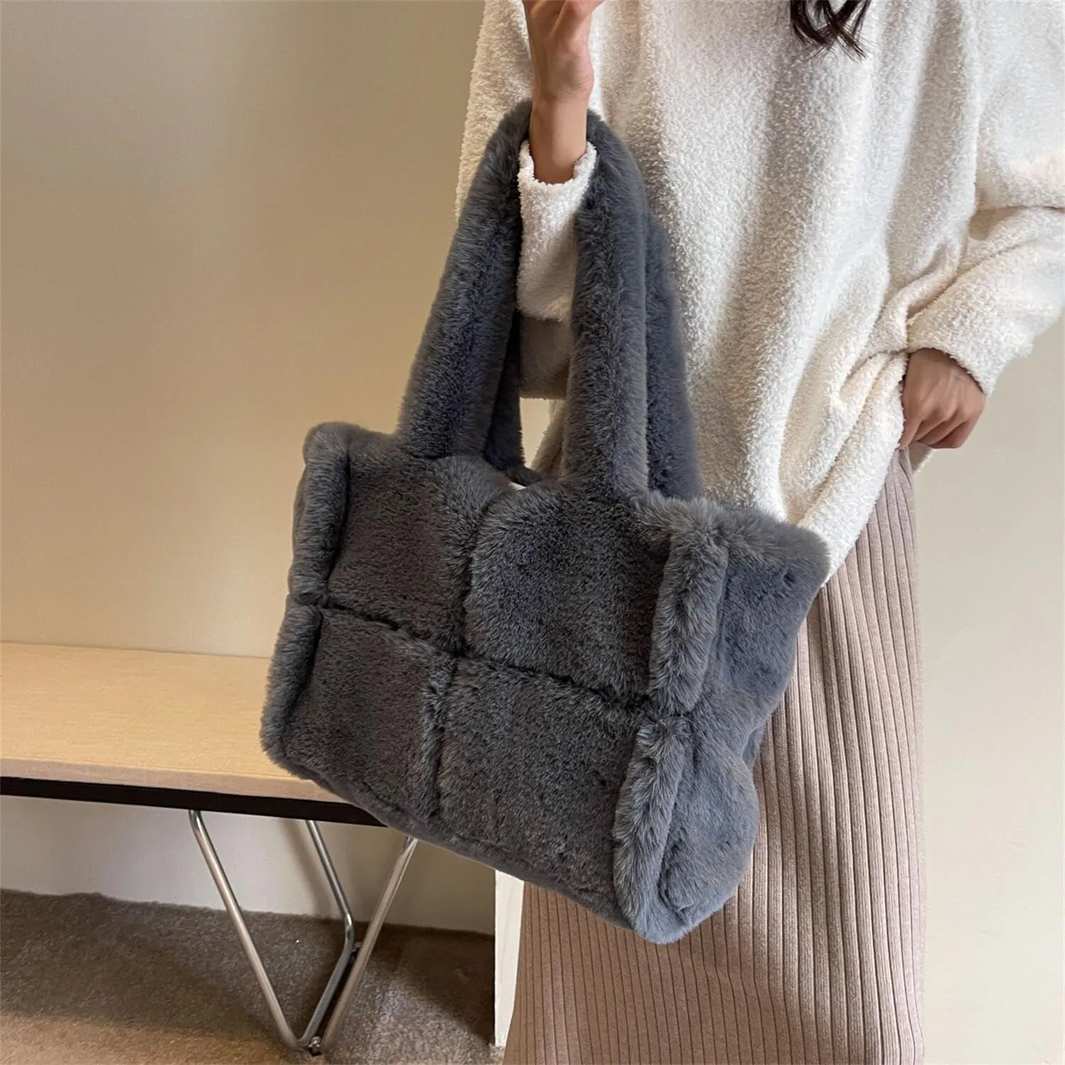 Soft Faux Fur Large Shoulder Tote Bag for Women Plush Handbag and Purse Furry Top Handle Bag