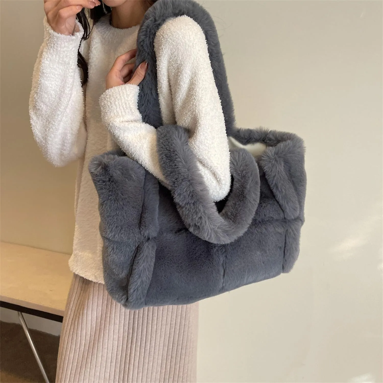 Soft Faux Fur Large Shoulder Tote Bag for Women Plush Handbag and Purse Furry Top Handle Bag