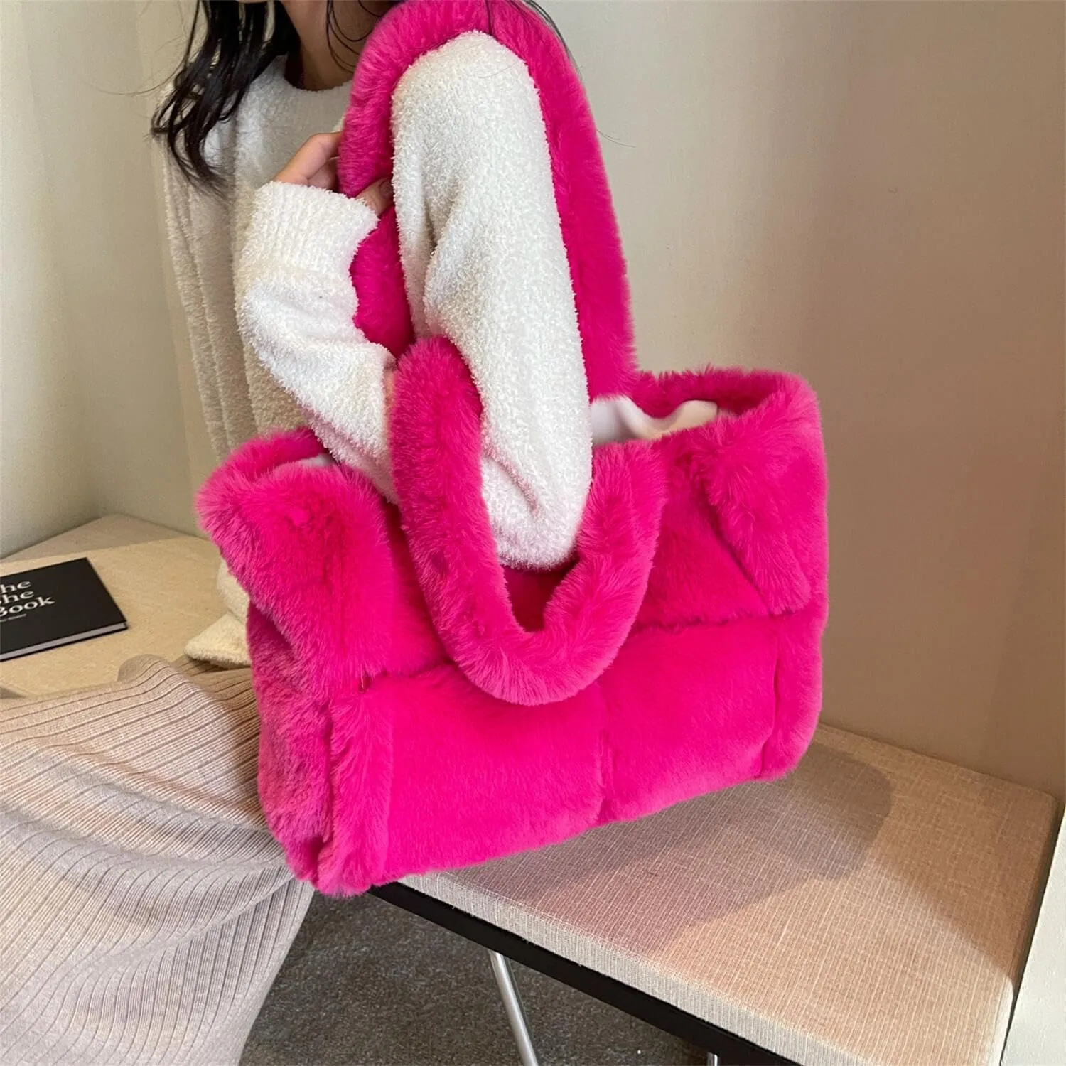 Soft Faux Fur Large Shoulder Tote Bag for Women Plush Handbag and Purse Furry Top Handle Bag
