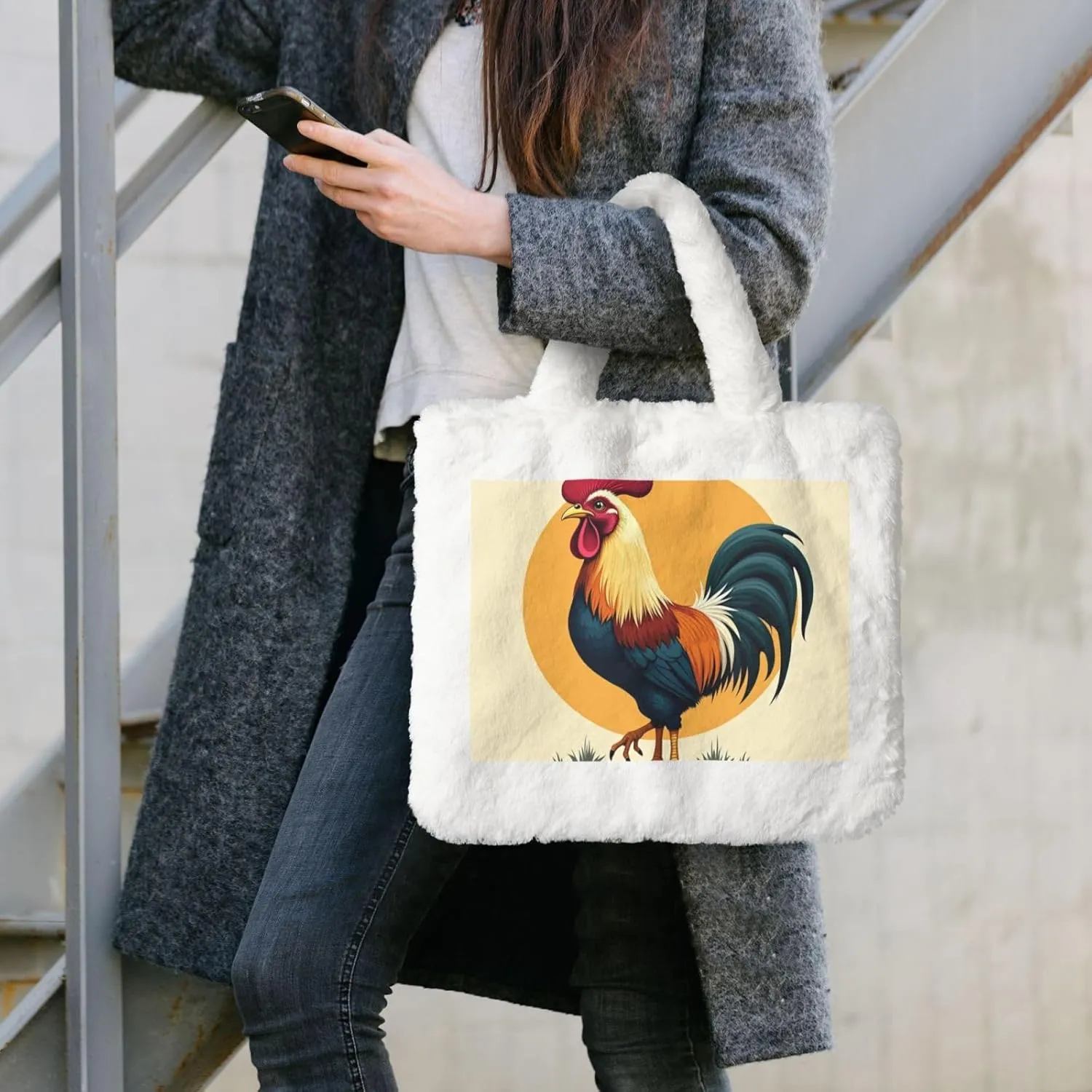 Soft Faux Fur Shoulder Tote Bag for Women Plush Handbag Purse Furry Top Handle Bag