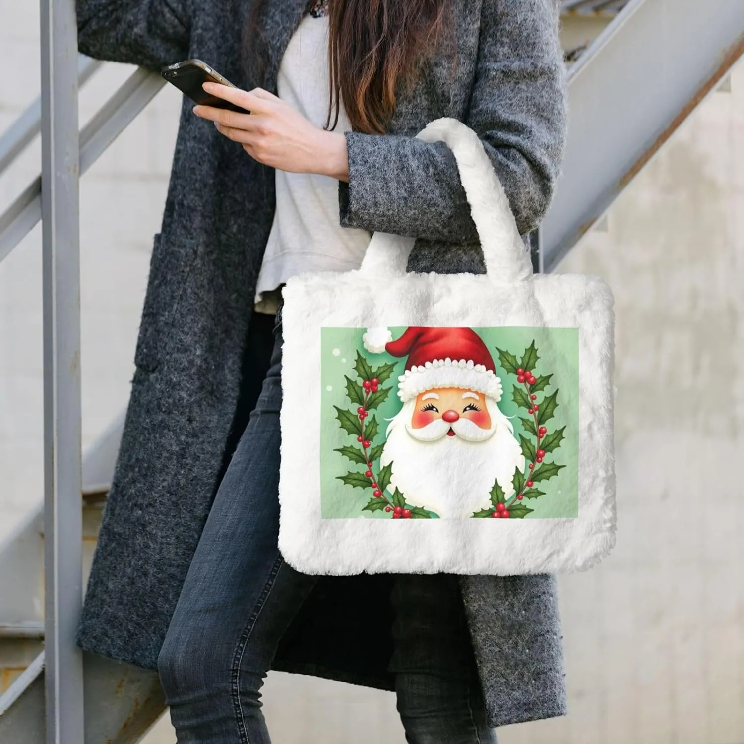 Soft Faux Fur Shoulder Tote Bag for Women Plush Handbag Purse Furry Top Handle Bag