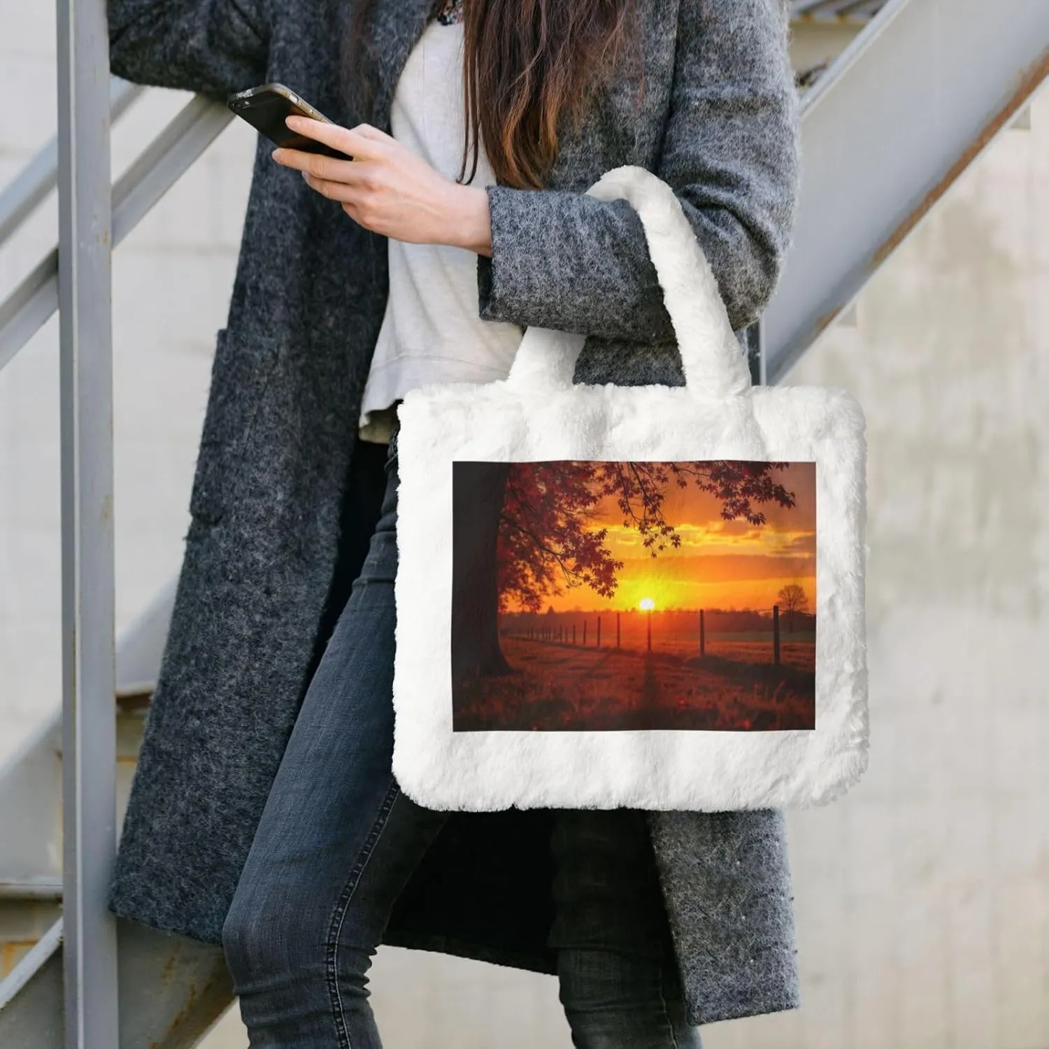 Soft Faux Fur Shoulder Tote Bag for Women Plush Handbag Purse Furry Top Handle Bag