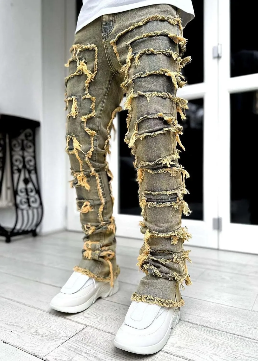 Stacked Jeans Men Skinny Ripped Jeans Slim Fit Denim Pants Y2K Goth Harajuku Emo Jeans Trouser
