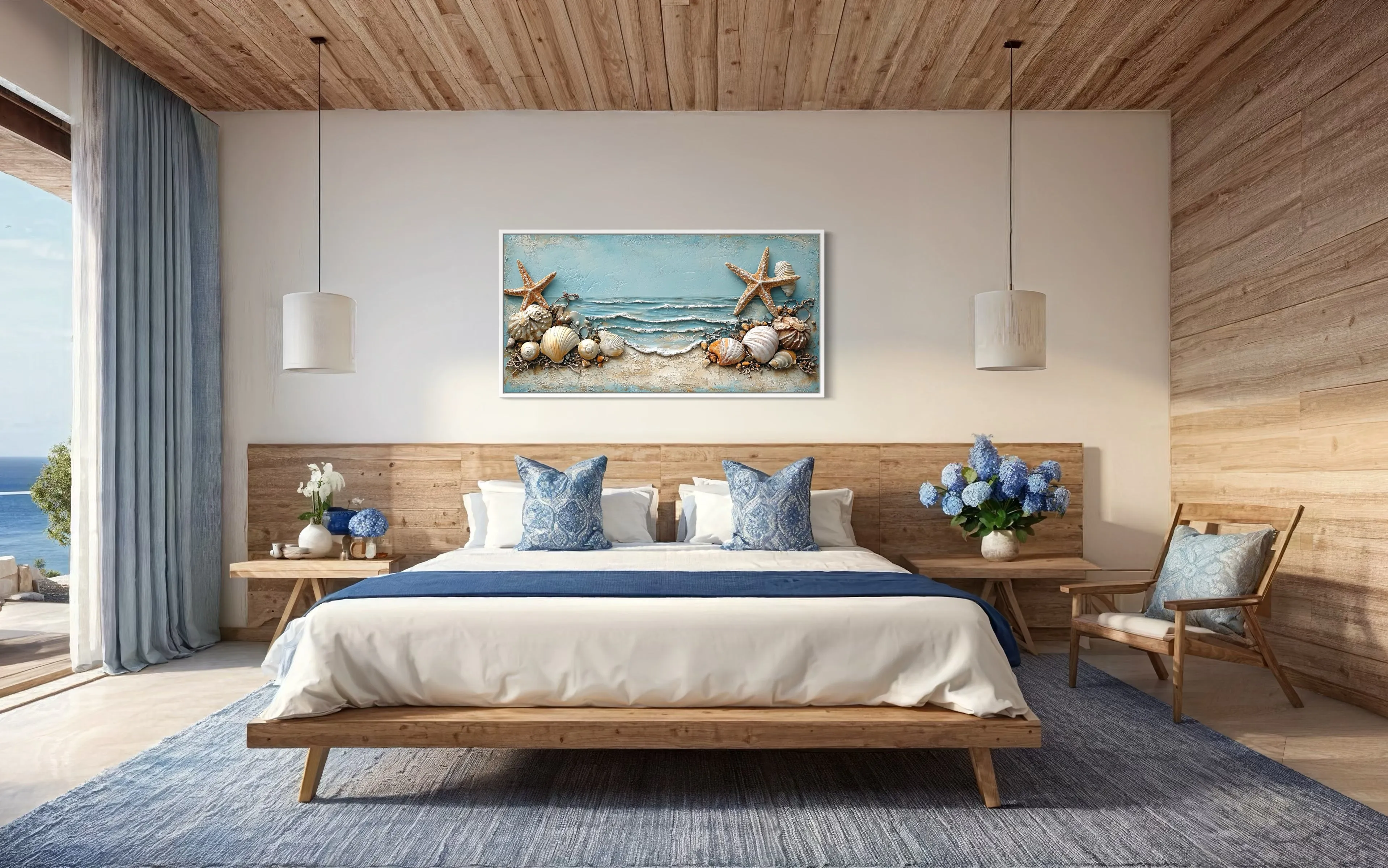 Starfish  And Seashells Framed Beach House Canvas Wall Art