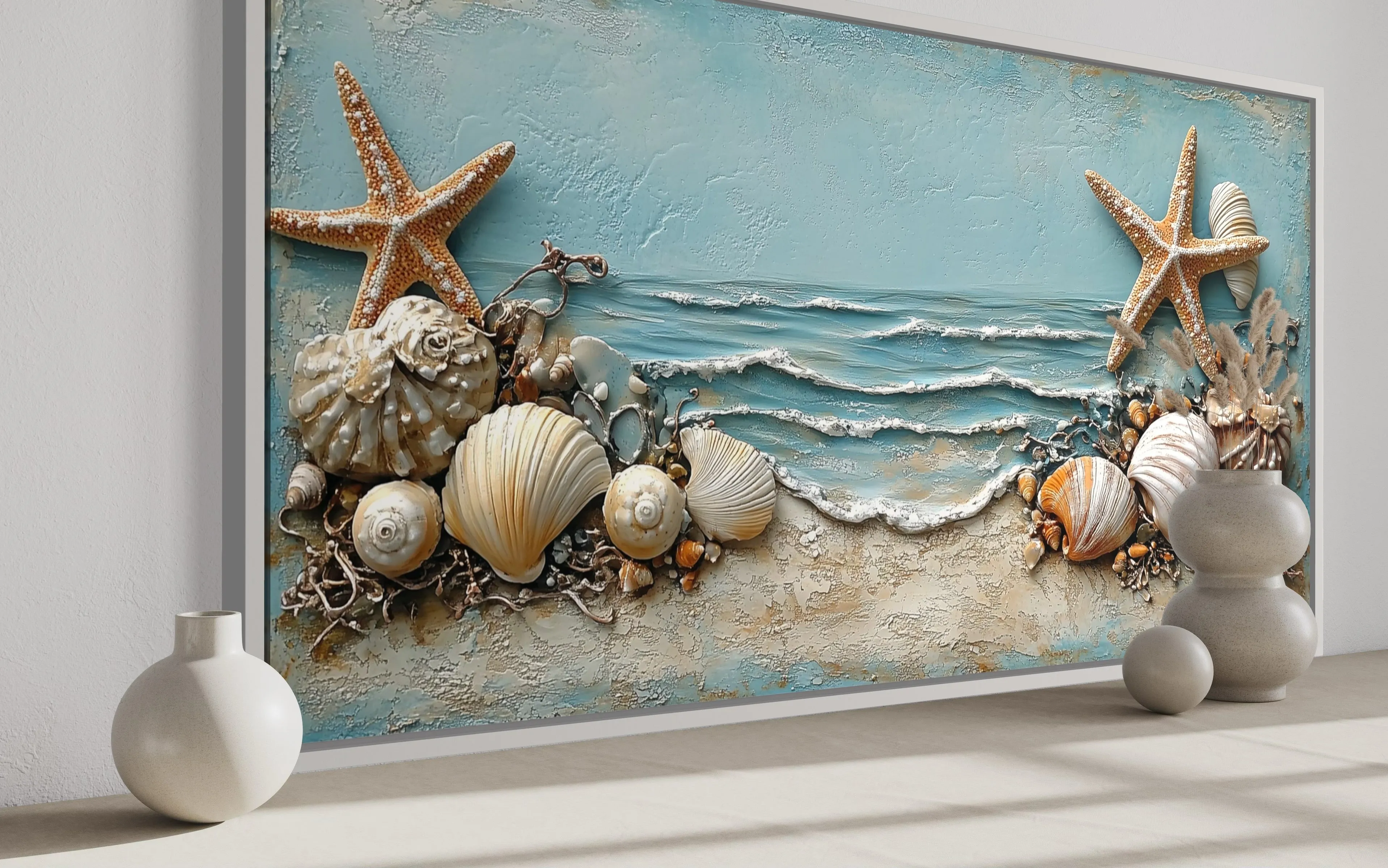 Starfish  And Seashells Framed Beach House Canvas Wall Art