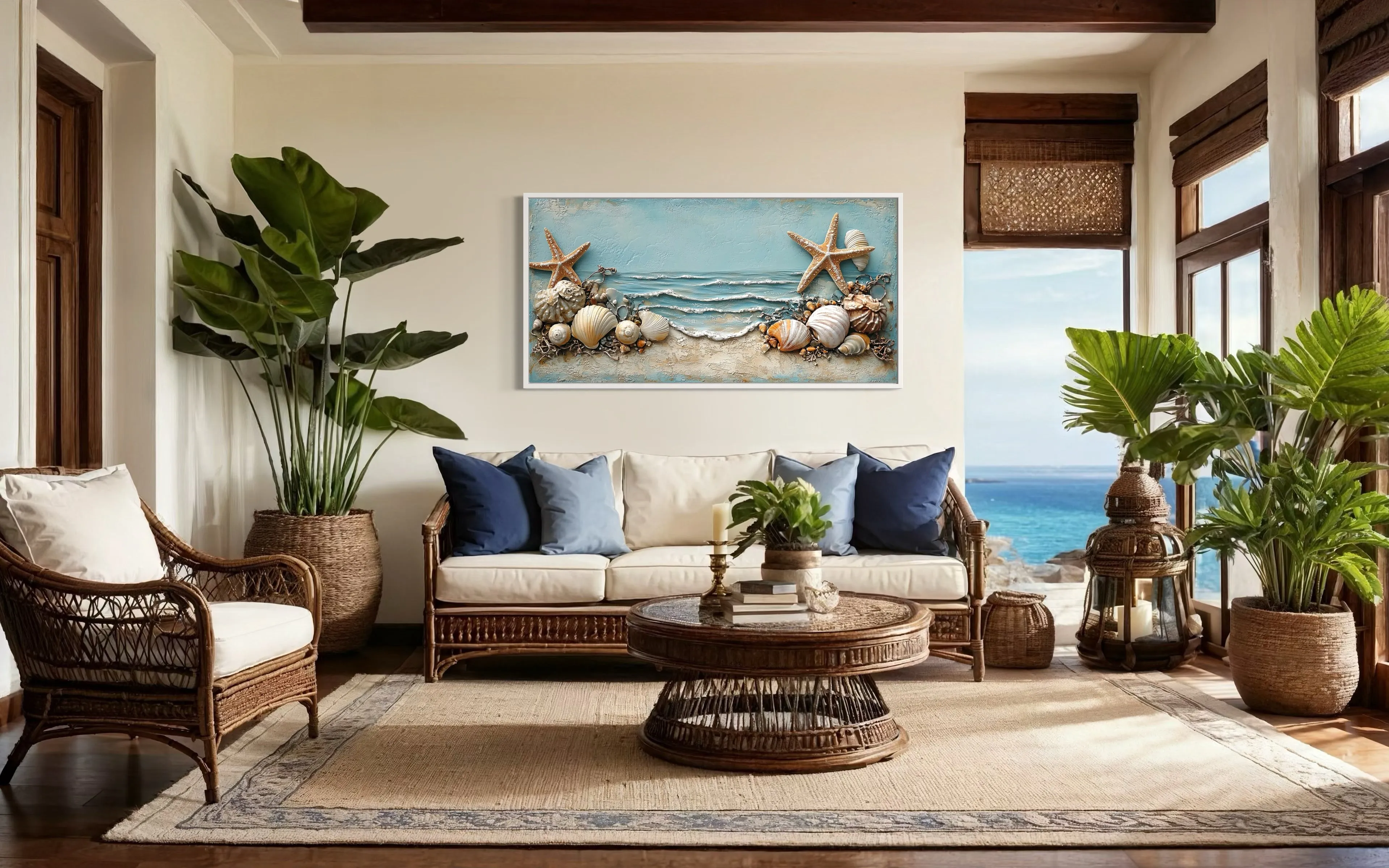 Starfish  And Seashells Framed Beach House Canvas Wall Art