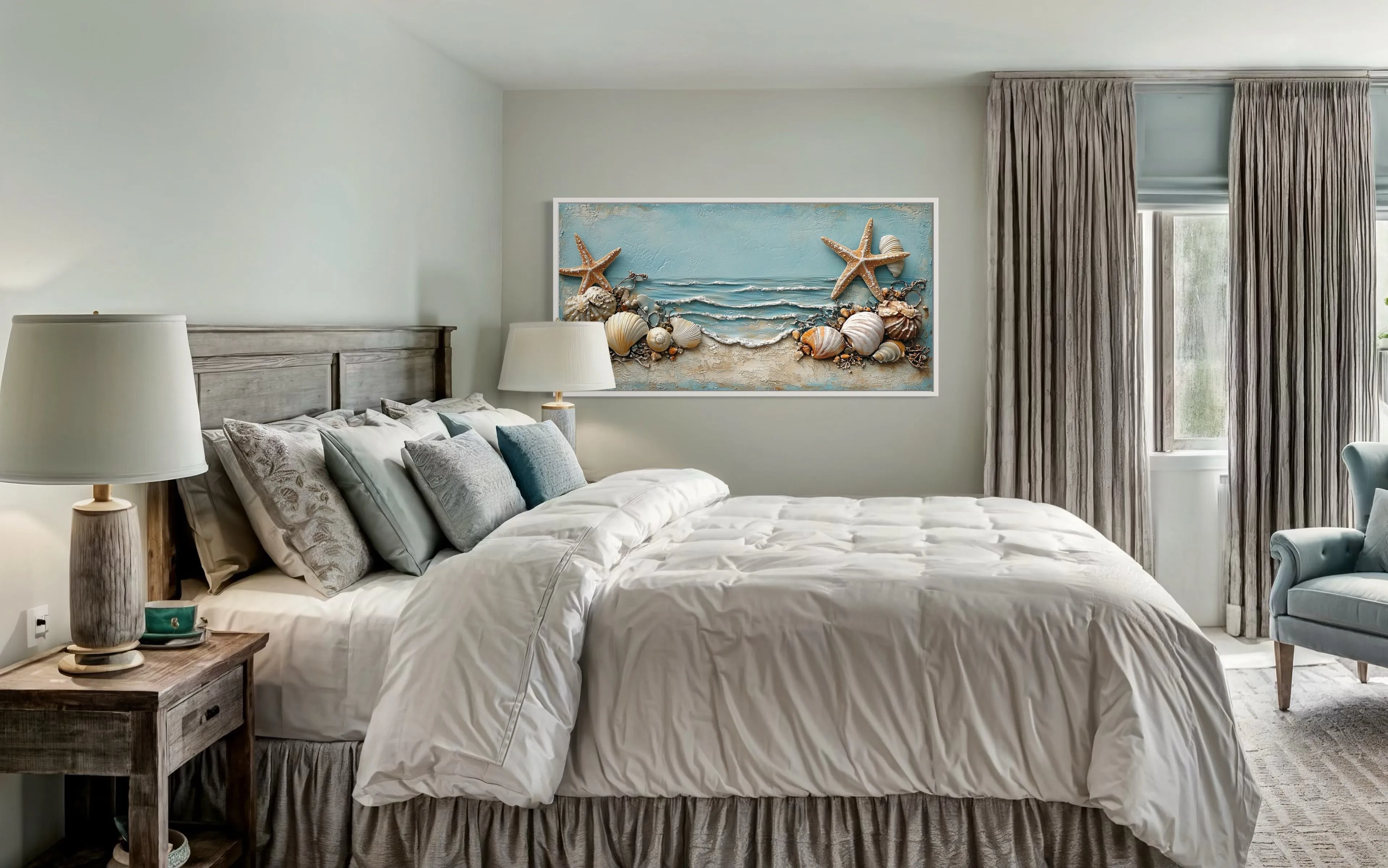 Starfish  And Seashells Framed Beach House Canvas Wall Art
