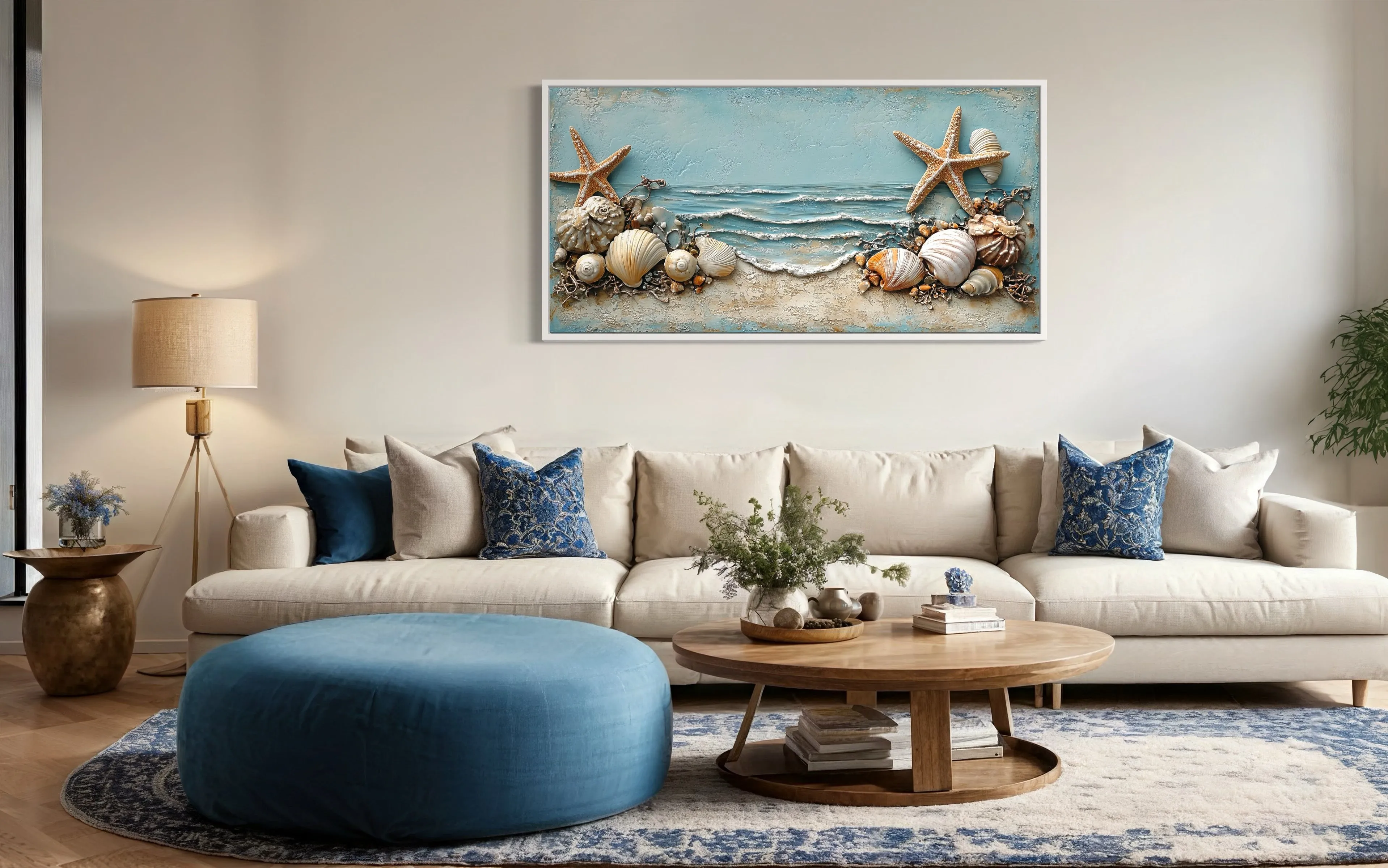 Starfish  And Seashells Framed Beach House Canvas Wall Art